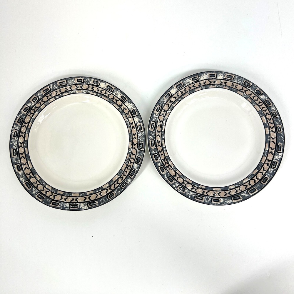 FURIO Contemporary Ceramic Dinner Plates Set of 2 Geometric Border Gray Tan 7.5"